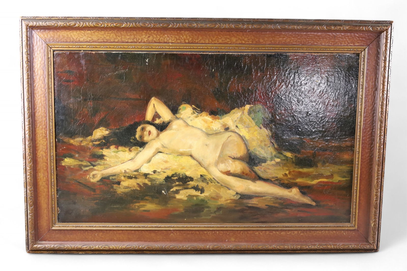 NUDE PORTRAIT PAINTING: OIL ON CANVAS, UNSIGNED, RECLINING NUDE PORTRAIT. 34" x 22" IN FRAME