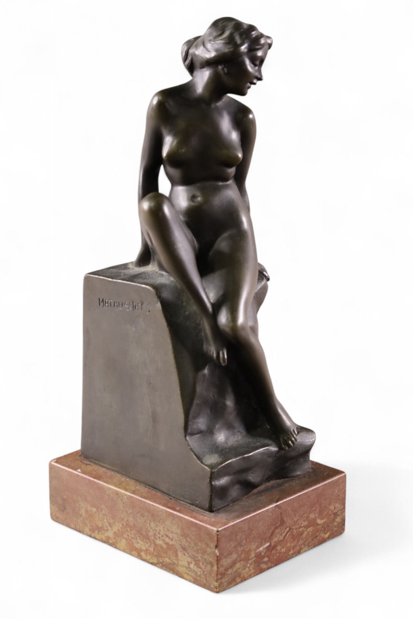 NUDE BRONZE FIGURE: NUDE FEMALE BRONZE FIGURE, ON MARBLE BASE. SIGNED SHECK 11 1/2" H
