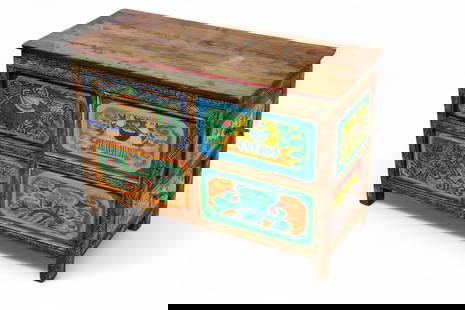 TIBETAN NOMADIC ALTAR TABLE: TIBETAN NOMADIC ALTAR TABLE, PAINTED FINISH. PAINT LOSS. 28 1/2" W x 12" D x 19 1/2" H. THIS ITEM EXCEEDS SIZE/WEIGHT LIMITATIONS FOR IN HOUSE SHIPPING, MUST BE PICKED UP IN HOUSE OR SHIPPED VIA 3rd P