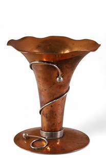 FLEMISH COPPER VASE: MIXED METAL FLEMISH VASE, COPPER AND SILVER, MARKED 4026. 8" H.
