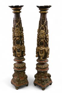 PAIR OF ITALIAN CANDLE PRICKETS: PAIR OF ITALIAN CANDLE PRICKETS, WOOD AND GESSO, RETAIN SOME ORIGINAL PAINT. CHIPS. 47" H. THIS ITEM EXCEEDS SIZE/WEIGHT LIMITATIONS FOR IN HOUSE SHIPPING, MUST BE PICKED UP IN HOUSE OR SHIPPED VIA 3r