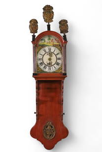 LARGE DUTCH WALL CLOCK: LARGE 19TH CENTURY DUTCH FRESIAN HAND PAINTED OAK CASE WALL CLOCK WITH BRASS MOUNTS. WITH PENDULUM AND WEIGHTS, 16" W x 60" H. THIS ITEM EXCEEDS SIZE/WEIGHT LIMITATIONS FOR IN HOUSE SHIPPING, MUST BE