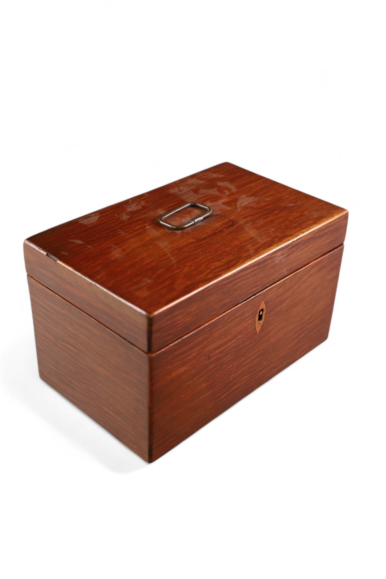 ANTIQUE TEA CADDY: HINGED LID TEA CADDY. WITH INTERIOR. 9" W x 5 1/2" H