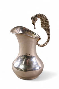 MEXICAN SILVERPLATED PITCHER: LOS CASTILLOS SILVERPLATED PITCHER, SEAHORSE HANDLE, 291, 5" H.