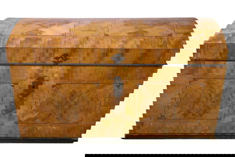LARGE ANTIQUE INLAID & BURLED TRUNK: LARGE INLAID HUMP BACK TRUNK, AUSTRIAN BIEDERMEIER STYLE TRUNK. 44" W x 22 1/2" D x 26" H. THIS ITEM EXCEEDS SIZE/WEIGHT LIMITATIONS FOR IN HOUSE SHIPPING, MUST BE PICKED UP IN HOUSE OR SHIPPED VIA 3r