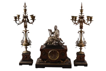3 PIECE ANTIQUE FIGURAL CLOCK SET