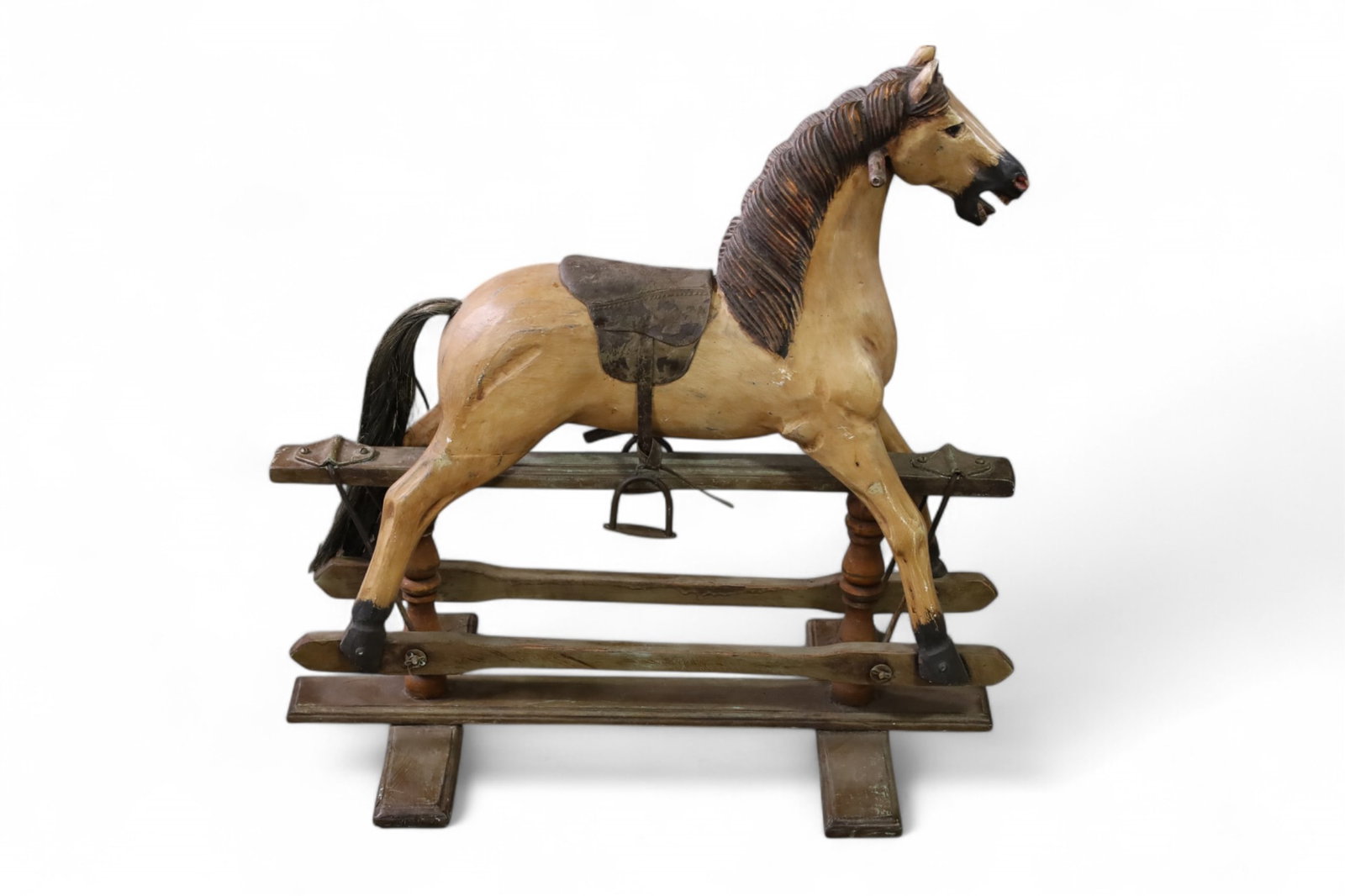 ROCKING HORSE: WOODEN ROCKING HORSE, 26" W x 14" D x 26" H. SMALL CHIP TO EAR. THIS ITEM EXCEEDS SIZE/WEIGHT LIMITATIONS FOR IN HOUSE SHIPPING, MUST BE PICKED UP IN HOUSE OR SHIPPED VIA 3rd PARTY GROUND SHIPPER.