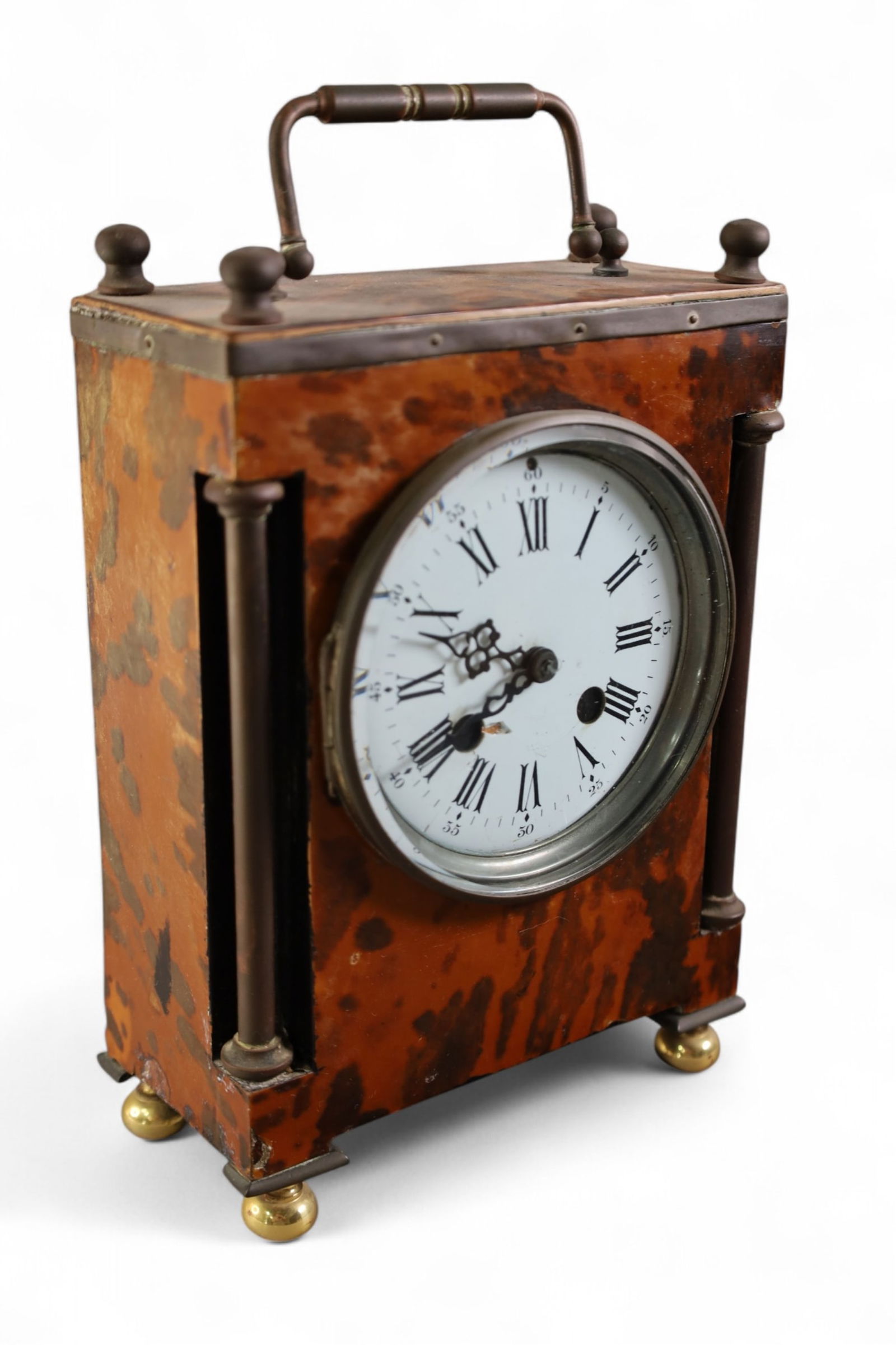 MANTLE CLOCK: PORCELAIN DIAL, FAUX SHELL CASE. WITH REPLACED WORKS, BATTERY OP. 6 1/"2 W x 8 1/2" H