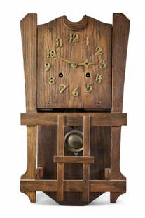 ARTS & CRAFTS WALL CLOCK: MISSION OAK ARTS CRAFTS WALL CLOCK, MARKED NEW HAVEN, ALL CLOCKS ARE AS IS WE DO NOT GUARANTEE WORKING ORDER. 21" H.
