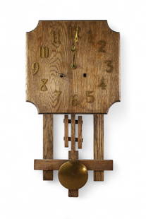 ARTS & CRAFTS WALL CLOCK: MISSION OAK ARTS & CRAFTS WALL CLOCK, WEAR TO FINISH, MISSING BACK DOOR. ALL CLOCKS ARE SOLD AS IS WE DO NOT GUARANTEE WORKING ORDER. 26" H.