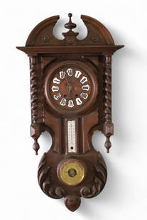 GERMAN WALL CLOCK: GERMAN OAK WALL CLOCK WITH THERMOMETER AND BAROMETER, WITH PENDULUM. ALL CLOCKS ARE SOLD AS IS WE DO NOT GUARANTEE WORKING ORDER. 31" H.