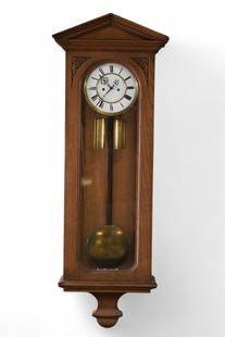 ANTIQUE OAK 2 WEIGHT WALL CLOCK: OAK TWO WEIGHT WALL CLOCK, WITH PENDULUM, PORCELAIN DIAL. ALL CLOCKS ARE SOLD AS IS WE DO NOT GUARANTEE WORKING ORDER, 43" H. THIS ITEM EXCEEDS SIZE/WEIGHT LIMITATIONS FOR IN HOUSE SHIPPING, MUST BE P