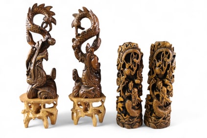 2 PAIRS OF ASIAN WOOD CARVINGS