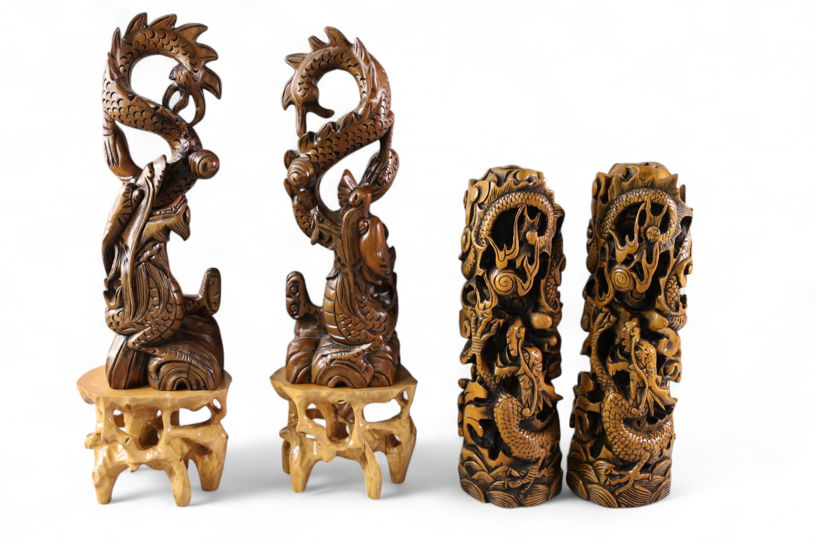 2 PAIRS OF ASIAN WOOD CARVINGS: 2 PAIRS OF ASIAN CARVINGS, ON STAND, 16" H & 22" H.