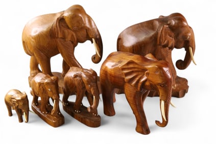 6 CARVED WOOD ELEPHANTS
