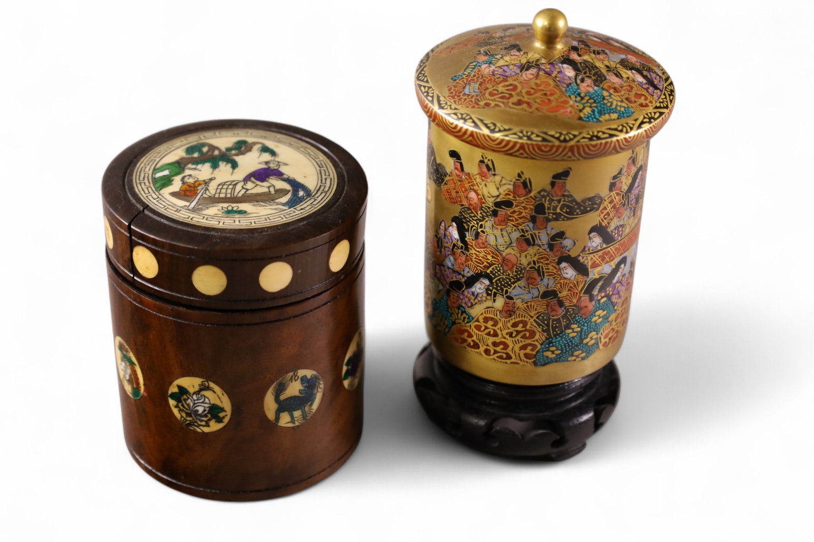 2 JAPANESE LIDDED JARS: PORCELAIN THOUSAND FACES LIDDED JAR & HARDWOOD WITH BONE INLAY LIDDED JAR. 4 1/2" H