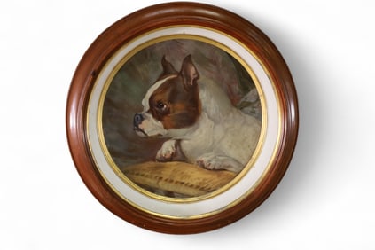 ROUND VICTORIAN DOG PAINTING