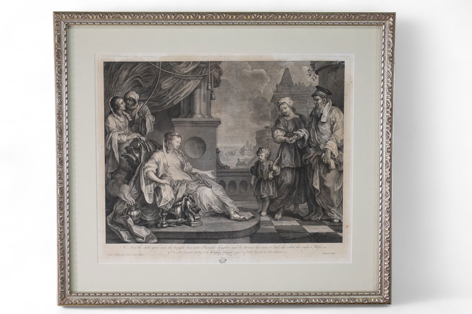 FRAMED ETCHING: FRAMED ETCHING OF MOSES AND PHARAOH'S DAUGHTER, FRAMED UNDER GLASS, 28" x 24 1/2" IN FRAME