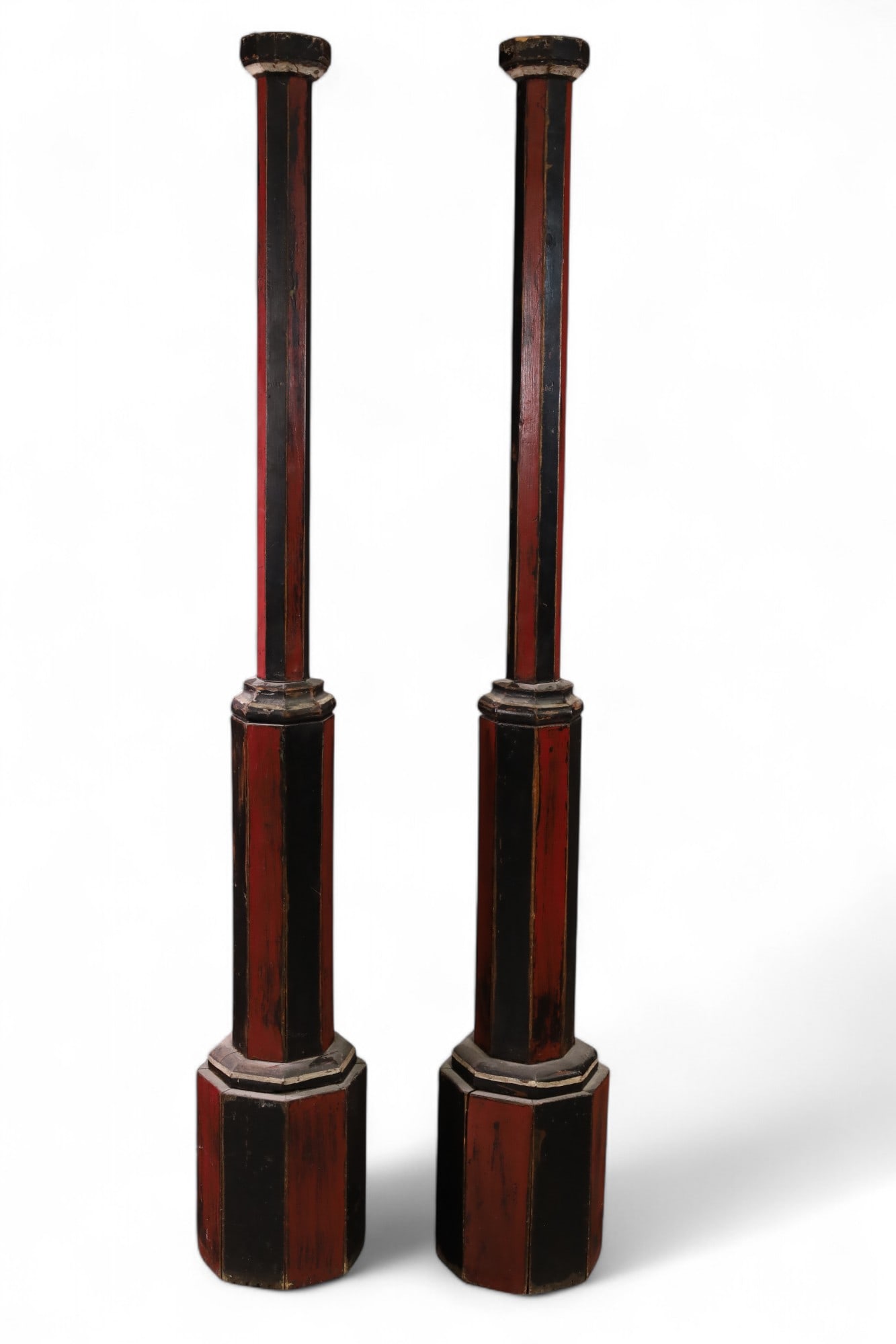 19TH CENTURY PAINTED FINISH COLUMNS: TALL PAINTED FINISH COLUMNS, PAINT LOSS, 70" H. THIS ITEM EXCEEDS SIZE/WEIGHT LIMITATIONS FOR IN HOUSE SHIPPING, MUST BE PICKED UP IN HOUSE OR SHIPPED VIA 3rd PARTY GROUND SHIPPER.