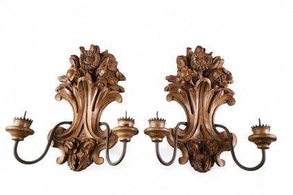 PAIR OF CARVED WOOD ITALIAN WALL SCONCES