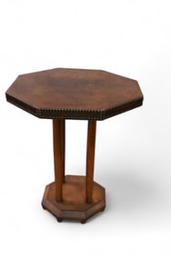 ANTIQUE OCTAGON LEATHER TOP SIDE TABLE