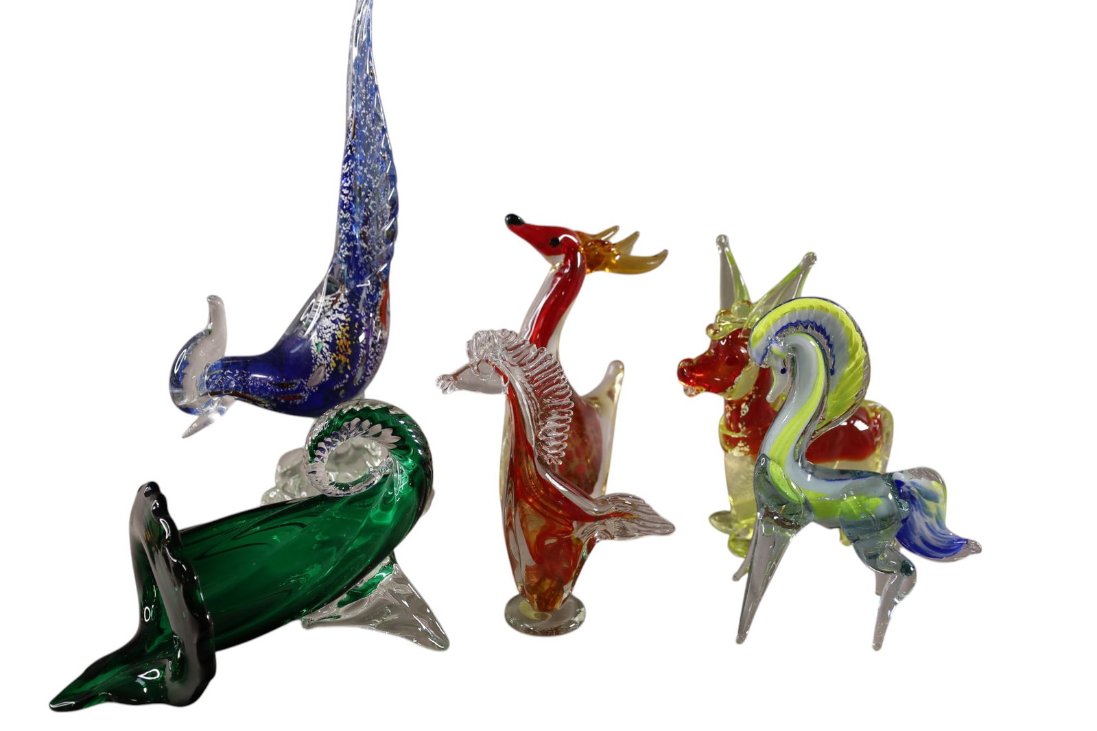 6 PIECES OF GLASS SCULPTURES: BIRDS, HORSES, CORNUCOPIA, ART GLASS SCULPTURES. 5 1/2" - 15"