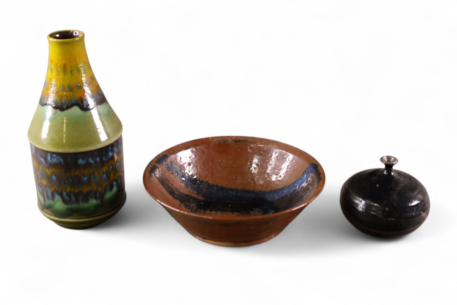 3 PIECES OF MCM POTTERY: GERMAN VASE, SMALL VASE & BOWL. 9" DIAM x & 4 - 10" H.
