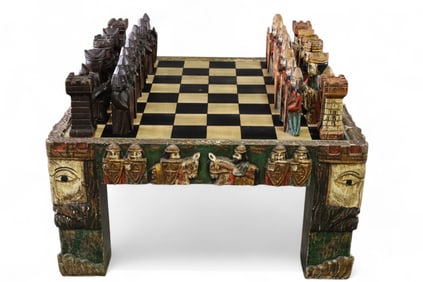 UNUSUAL ITALIAN CARVED WOOD CHESS TABLE
