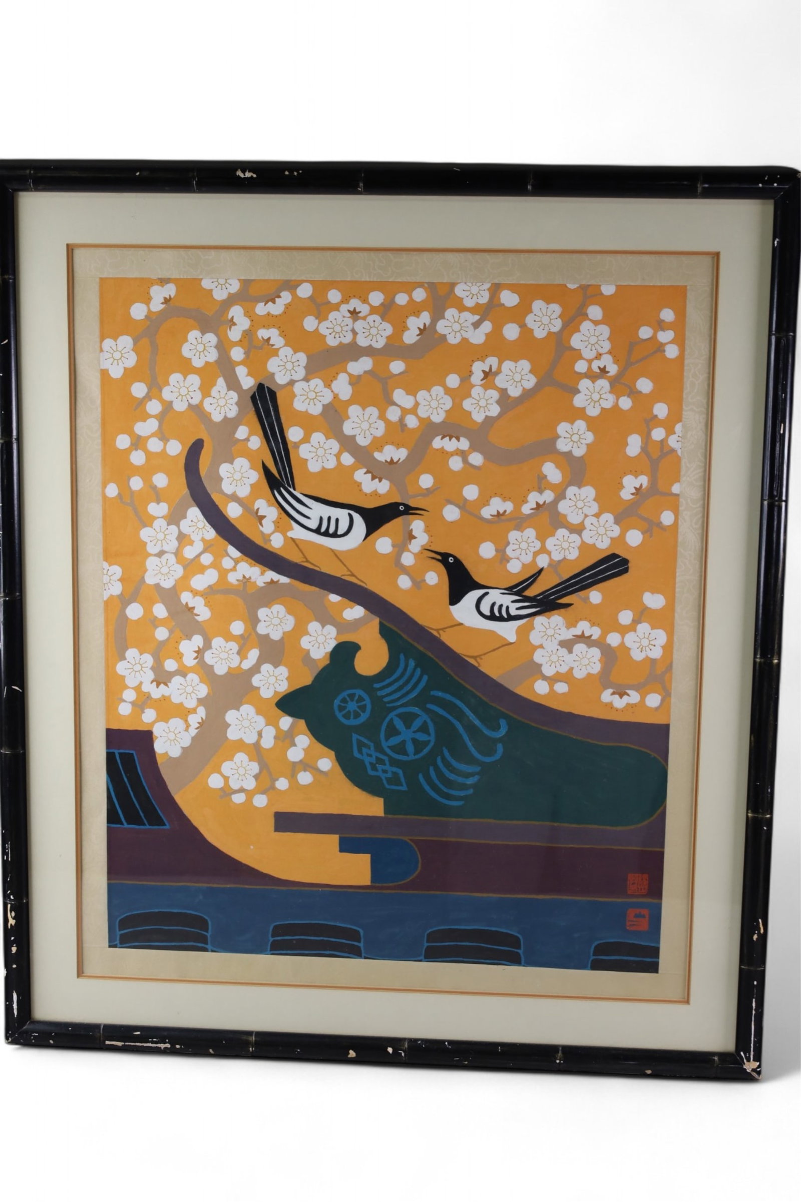 ASIAN WATERCOLOR: FRAMED ASIAN WATERCOLOR. MARKED IN LOWER RIGHT, 28" x 30" IN FRAME