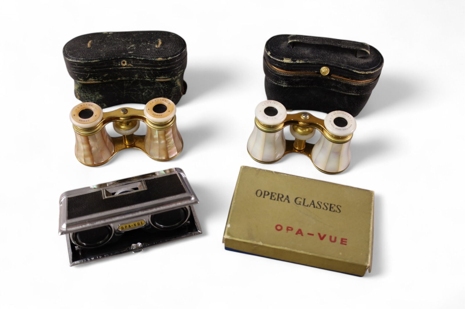 3 PAIRS OF OPERA GLASSES: 3 PAIRS OF ANTIQUE OPERA GLASSES, FRENCH MOTHER OF PEARL & OPA-VUE.