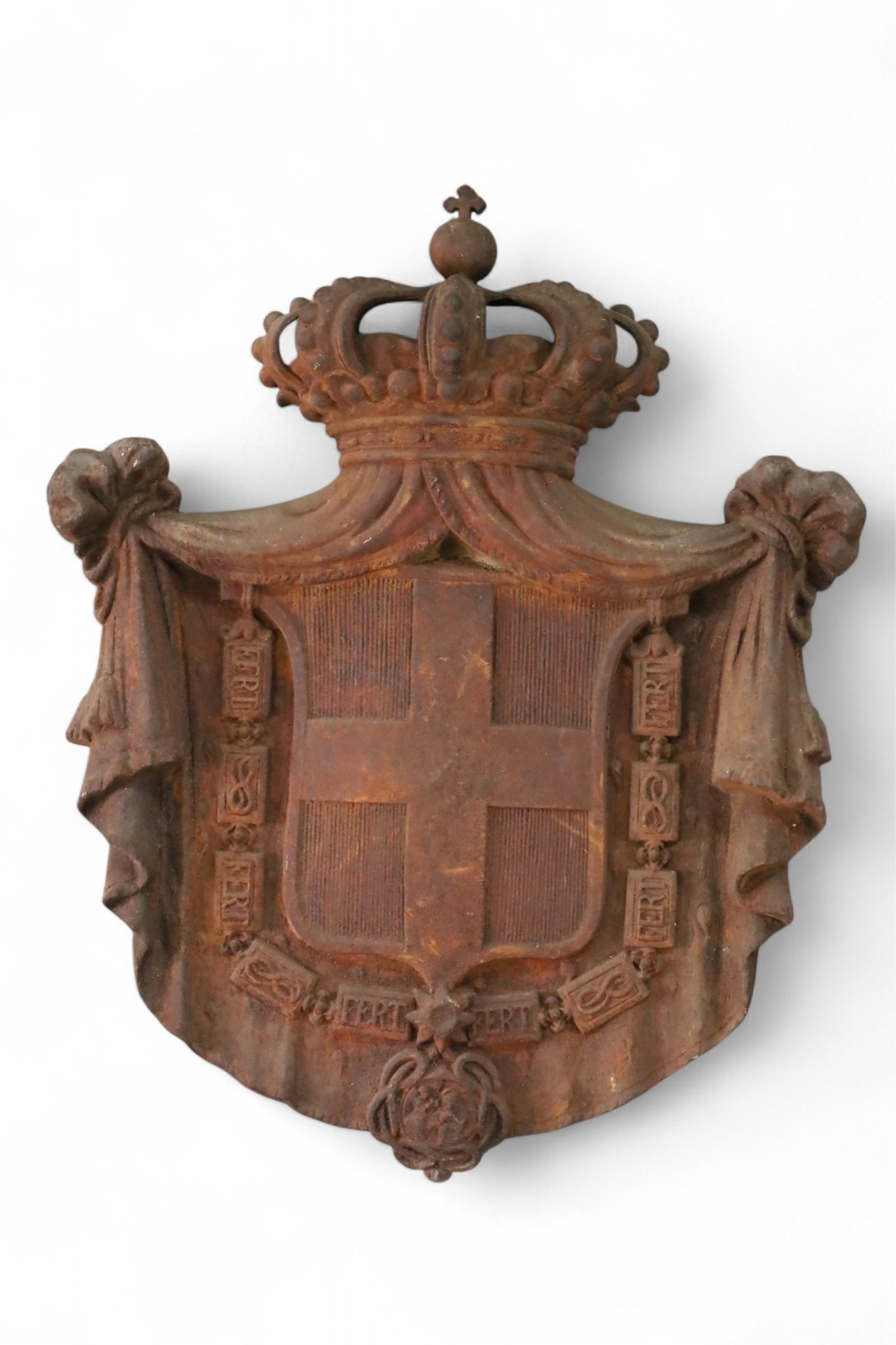 CAST IRON COAT OF ARMS: CAST IRON HOUSE OF SAVOY COAT OF ARMS, 23" W x 28" H. THIS ITEM EXCEEDS SIZE/WEIGHT LIMITATIONS FOR IN HOUSE SHIPPING, MUST BE PICKED UP IN HOUSE OR SHIPPED VIA 3rd PARTY GROUND SHIPPER.