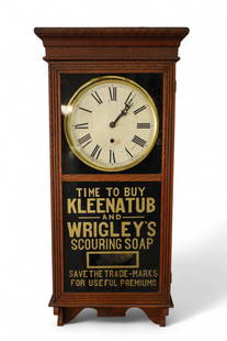 KLEENATUB & WRIGLEY'S SOAP CLOCK: SESSIONS REGULATOR No. 1. AMERICAN OAK CASE, ADVERTISING SCOURING SOAP CLOCK, WITH KEY & PENDULUM, ALL CLOCKS ARE SOLD AS IS, UNSERVICED, WE DO NOT GUARANTEE WORKING ORDER. 16" W x 36" H. THIS