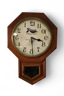 KRAMER ADVERTISING CLOCK: ANTIQUE KRAMER SERVICE COMPANY ADVERTISING CLOCK, FADING TO CLOCK FACE. WITH PENDULUM AND KEY. ALL CLOCKS ARE SOLD AS IS, UNSERVICED, WE DO NOT GUARANTEE WORKING ORDER. 16" x 24" THIS ITEM 
