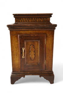 SELTZER & FINK'S SALESMAN SAMPLE ICE BOX: EARLY SELTZER & FINK'S SALESMAN SAMPLE ICE BOX, SINGLE DOOR WITH PATENT TOP, FLIP TOP LID. REPLACED HANDLE. WEAR TO FINISH. 9 3/4" W x 6 1/2" D x 15" H.