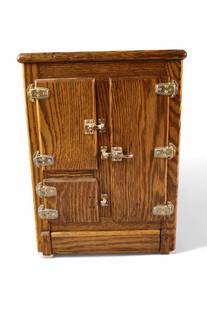 SALESMAN SAMPLE ICE BOX: EARLY SALESMAN SAMPLE ICE BOX, THREE DOORS, PAINTED INTERIOR. BROKEN HANDLES. 8 1/2" x 4 1/2" D x 12" H.