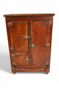 SALESMAN SAMPLE ICE BOX: EARLY SALESMAN SAMPLE ICE BOX, THREE DOOR, PAINTED GLAVANIZED INTERIOR, MISSING SHELVES. 12" W x 6" D x 16" H.