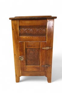SALESMAN SAMPLE ICE BOX: EALRY SALESMAN SAMPLE ICE BOX, PRESSED CARVING, SINGLE DOOR. SOME AGE CRACKS. 11" W x 7 1/2" D x 18" H.
