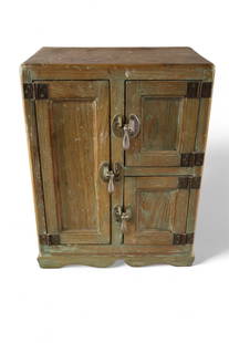 SALESMAN SAMPLE ICE BOX: EARLY SALESMAN SAMPLE ICE BOX, THREE DOOR, PAINTED INTERIOR, FADED FINISH. 13" W x 8" D x 17" H.