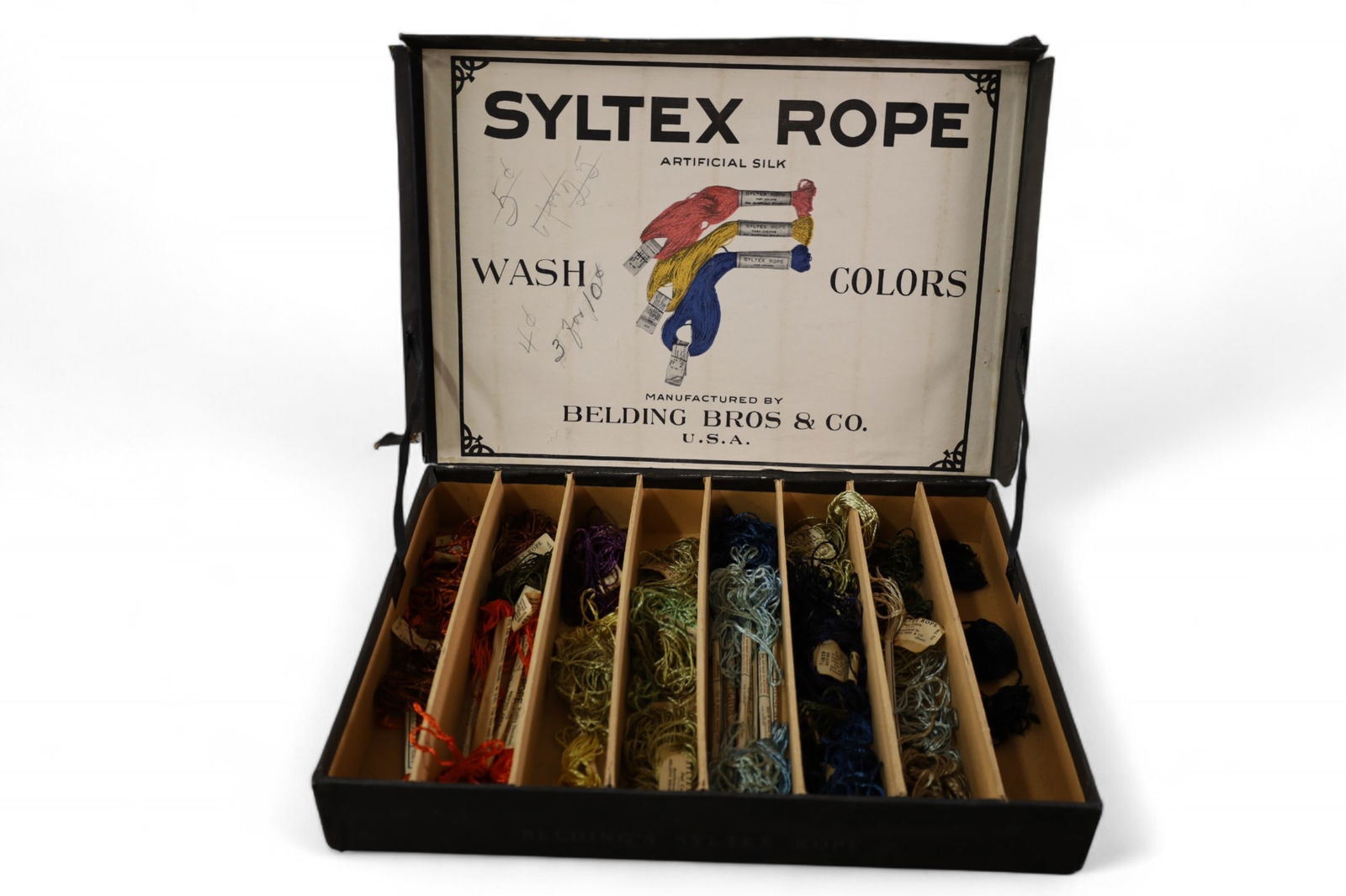 SYLTEX ROPE BOX: ARTIFICIAL SILK ROPE BOX, WEAR TO CORNERS. 15" W x 11" H.