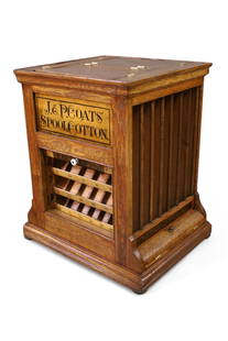 J&P COATS SPOOL CABINET: REVOLVING J&P COATS SPOOL CABINET, TAMBOUR DOOR SIDE, 20" x 20" x 23" H. THIS ITEM EXCEEDS SIZE OR WEIGHT LIMITATIONS FOR IN HOUSE SHIPPING, MUST BE PICKED UP IN HOUSE OR SHIPPED VIA 3rd PARTY SHIPPER