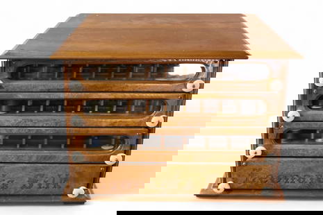 LEONARD'S SILK CABINET: LEONARD 4 DRAWER SILK CABINET WITH CARVED SIDES, 19 1/2" x 18" x 13" H. THIS ITEM EXCEEDS SIZE OR WEIGHT LIMITATIONS FOR IN HOUSE SHIPPING, MUST BE PICKED UP IN HOUSE OR SHIPPED VIA 3rd PARTY SHIPPER.