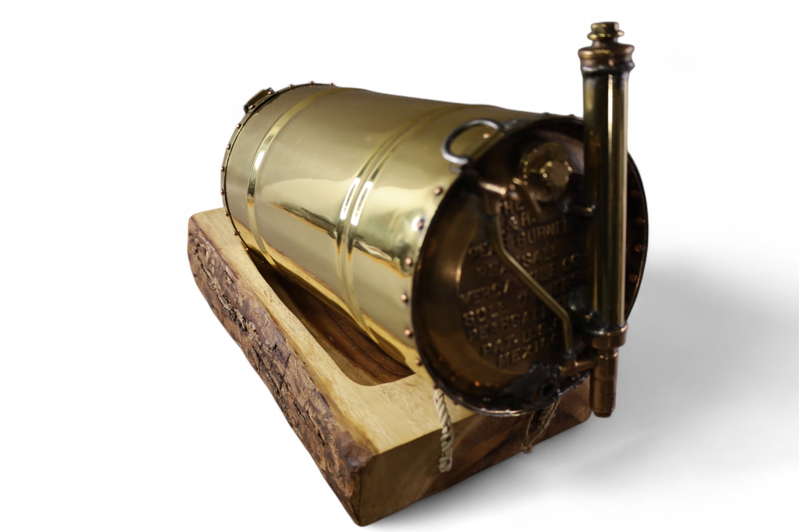 BRASS PEAR BURNER: ON WOODEN STAND, B&H PEAR BURNER, 17" L