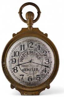 WATCHMAKER TRADE SIGN: LARGE POCKETWATCH FORM, DOUBLE SIDED PAINTED WATCH MAKER TRADE SIGN. PAINT LOSS. 35" H.