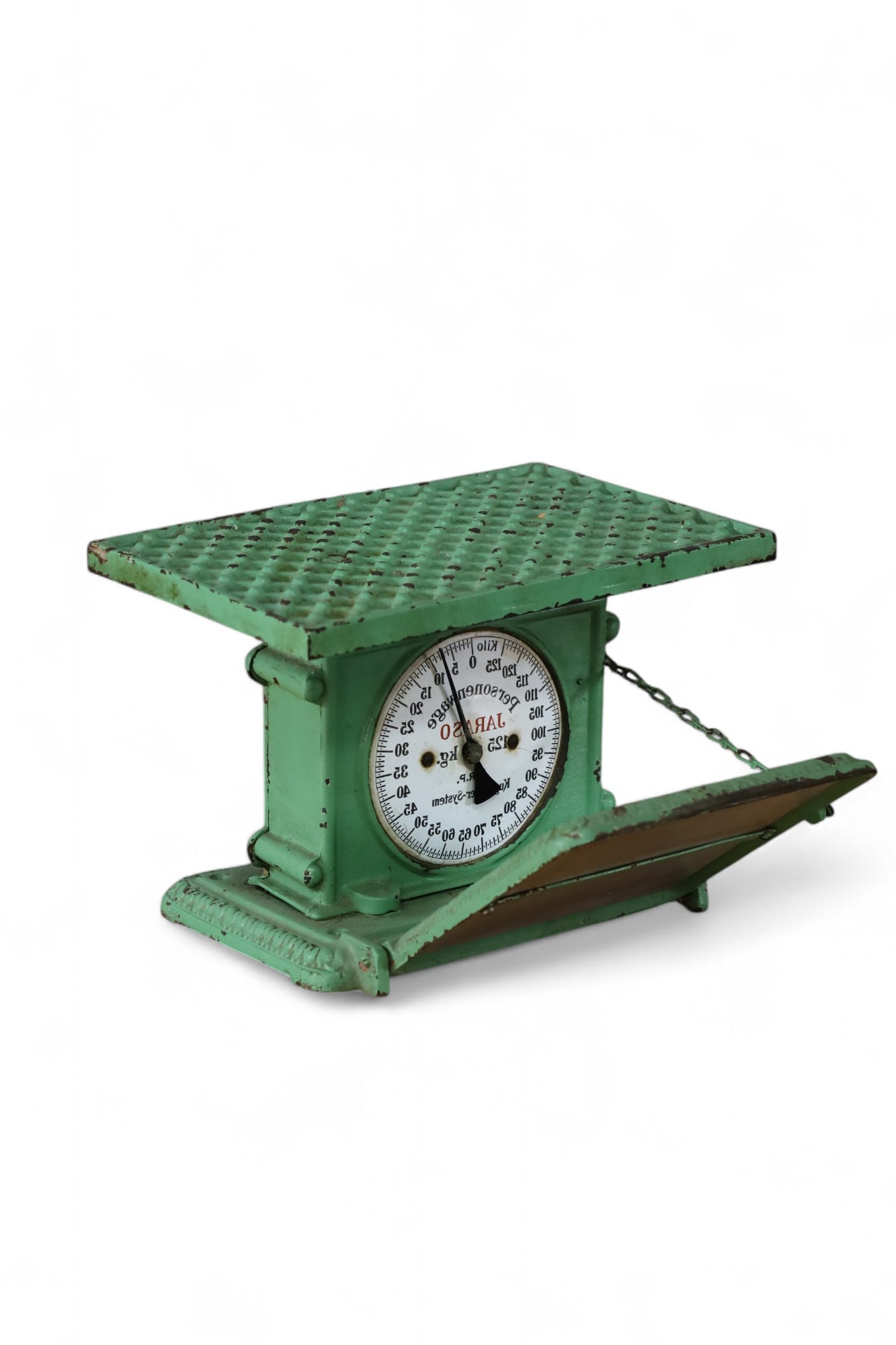 CAST IRON PERSONENWAGE SCALE: JERASO PERSONENWAGE CAST IRON SCALE, PAINT LOSS. 8" H x 11" L