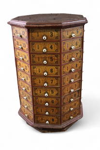 ANTIQUE REVOLVING NUT & BOLT CABINET: GENERAL STORE REVOLVING NUT AND BOLT CABINET, 72 DRAWER REVOLVING HARDWARE CABINET, ORIGINAL PAINT, MINOR WEAR TO FINISH.