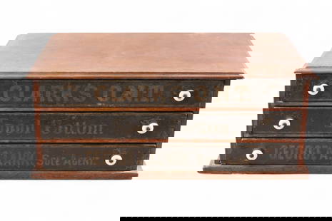 CLARK'S SPOOL CABINET: SLARK'S ONT 3 DRAWER COUNTER TOP SPOOL CABINET, MINOR WEAR TO FINISH. 22" W x 8 1/2" H. THIS ITEM EXCEEDS SIZE OR WEIGHT LIMITATIONS FOR IN HOUSE SHIPPING, MUST BE PICKED UP IN HOUSE OR SHIPPED VIA 3r