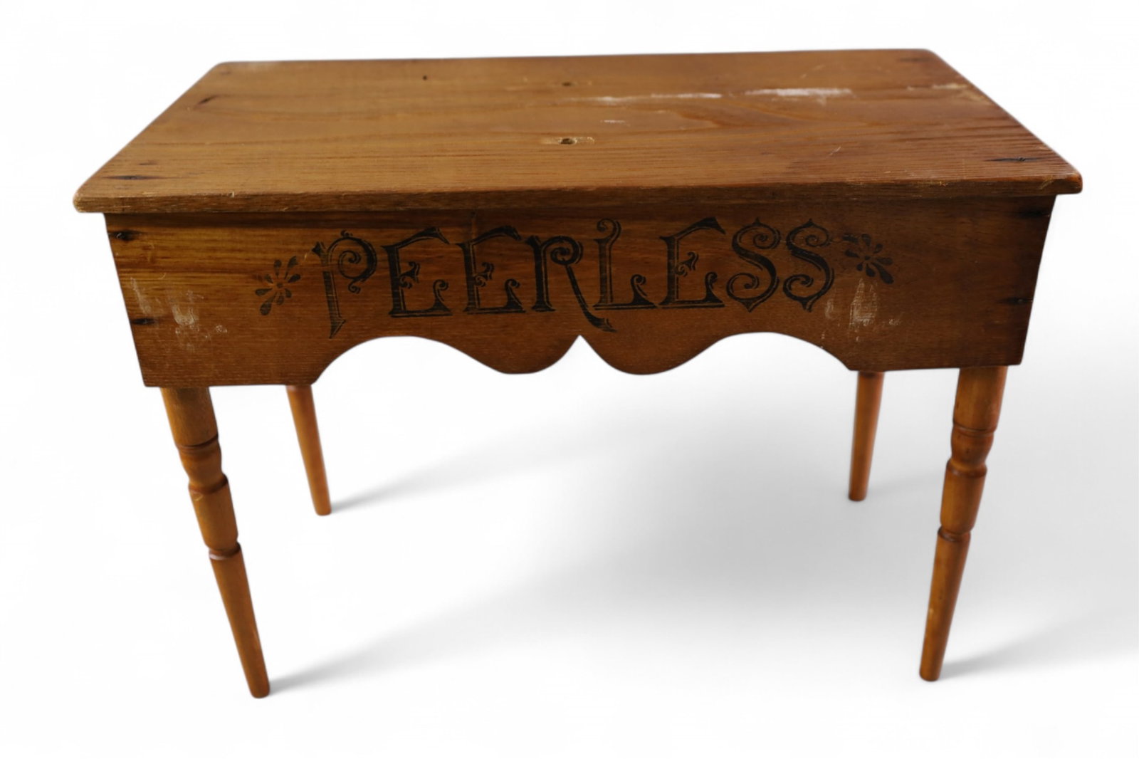 SMALL ANTIQUE PEARLESS TABLE: SMALL CHILD'S TABLE, HOLES TO TOP. 15" L x 8" D x 12" H.
