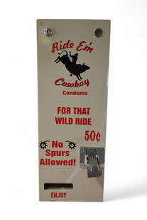 FANTASY DISPENSER MACHINE: RIDE EM COWBOY CONDOM COIN OP DISPENSER, NO KEY. 9" x 8" x 24" H. THIS ITEM EXCEEDS SIZE OR WEIGHT LIMITATIONS FOR IN HOUSE SHIPPING, MUST BE PICKED UP IN HOUSE OR SHIPPED VIA 3rd PARTY SHIPPER.