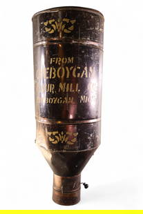 WALL HANGING FLOUR MILL: PAINTED TIN WALL HANGING FLOUR MILL, DENTS, SCRATHCES. PAINT LOSS. 32" HTHIS ITEM EXCEEDS SIZE OR WEIGHT LIMITATIONS FOR IN HOUSE SHIPPING, MUST BE PICKED UP IN HOUSE OR SHIPPED VIA 3rd PARTY SHIPPER.