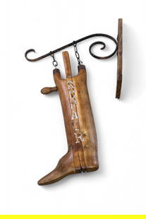 BOOT REPAIR TRADE SIGN: ON ORIGINAL HANGER, WOODEN BOOT REPAIR TRADE SIGN, 26" L.